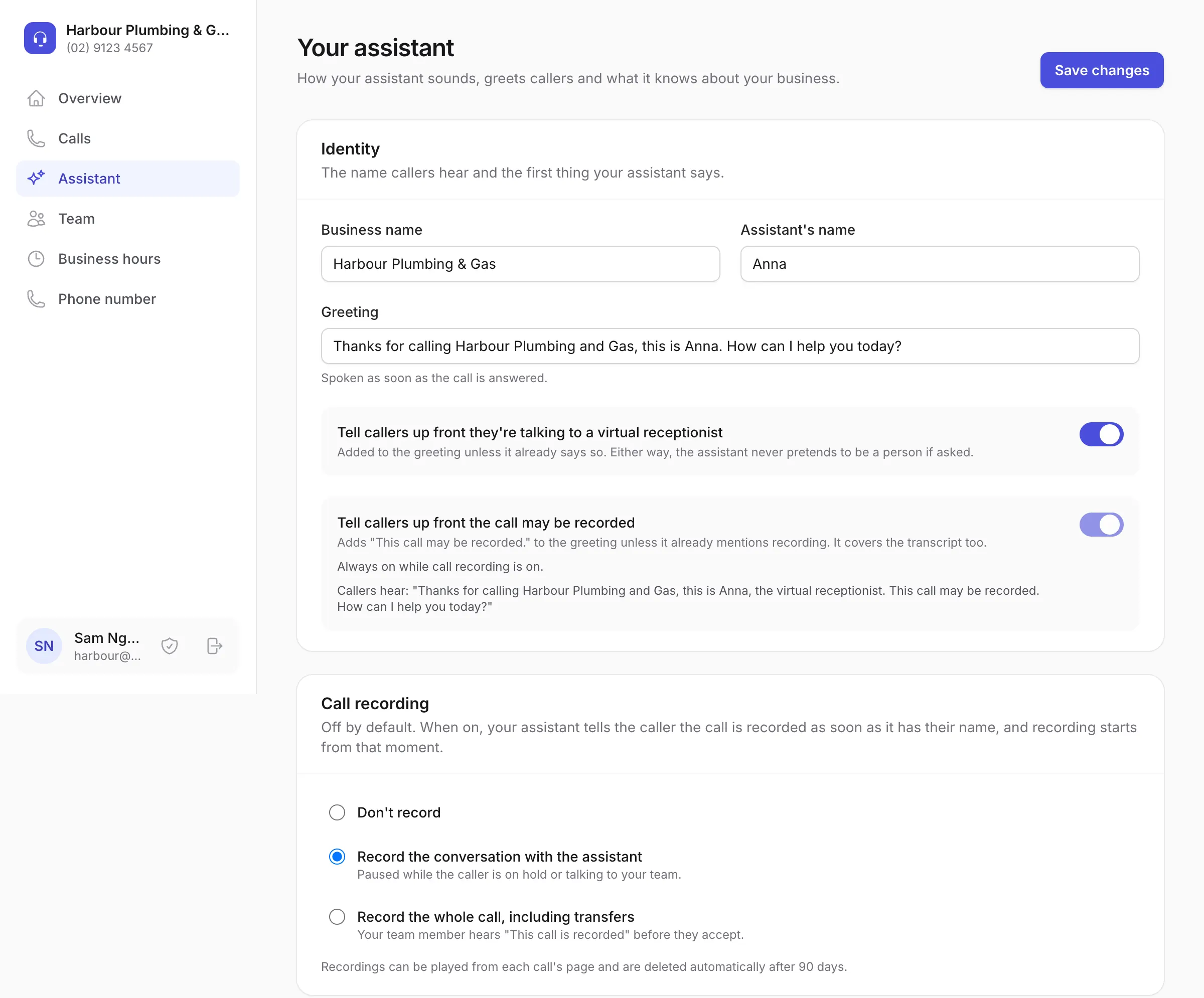 Assistant settings: the switch to tell callers up front they are talking to a virtual receptionist, the recording notice in the greeting, and the call recording choices.