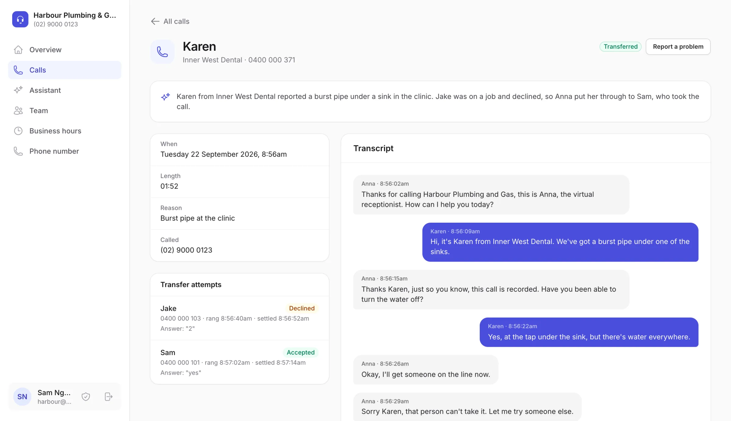 A call's page: a summary of the call, when it happened, the reason, the transfer attempts (Jake declined, Sam accepted) and the full transcript between the caller and the assistant.