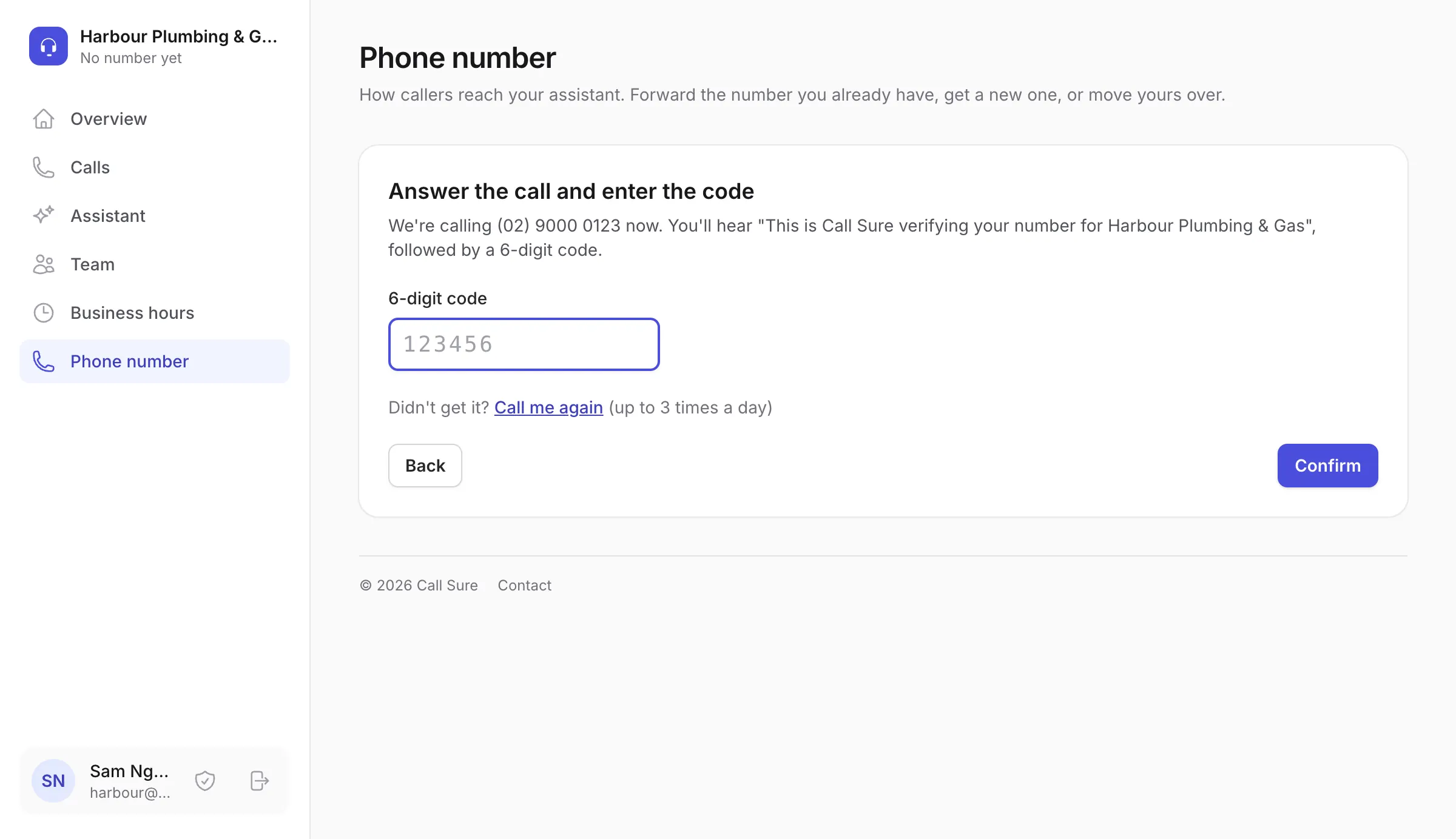 The second forwarding step: answer the call to your business number and type the 6-digit code it reads out.