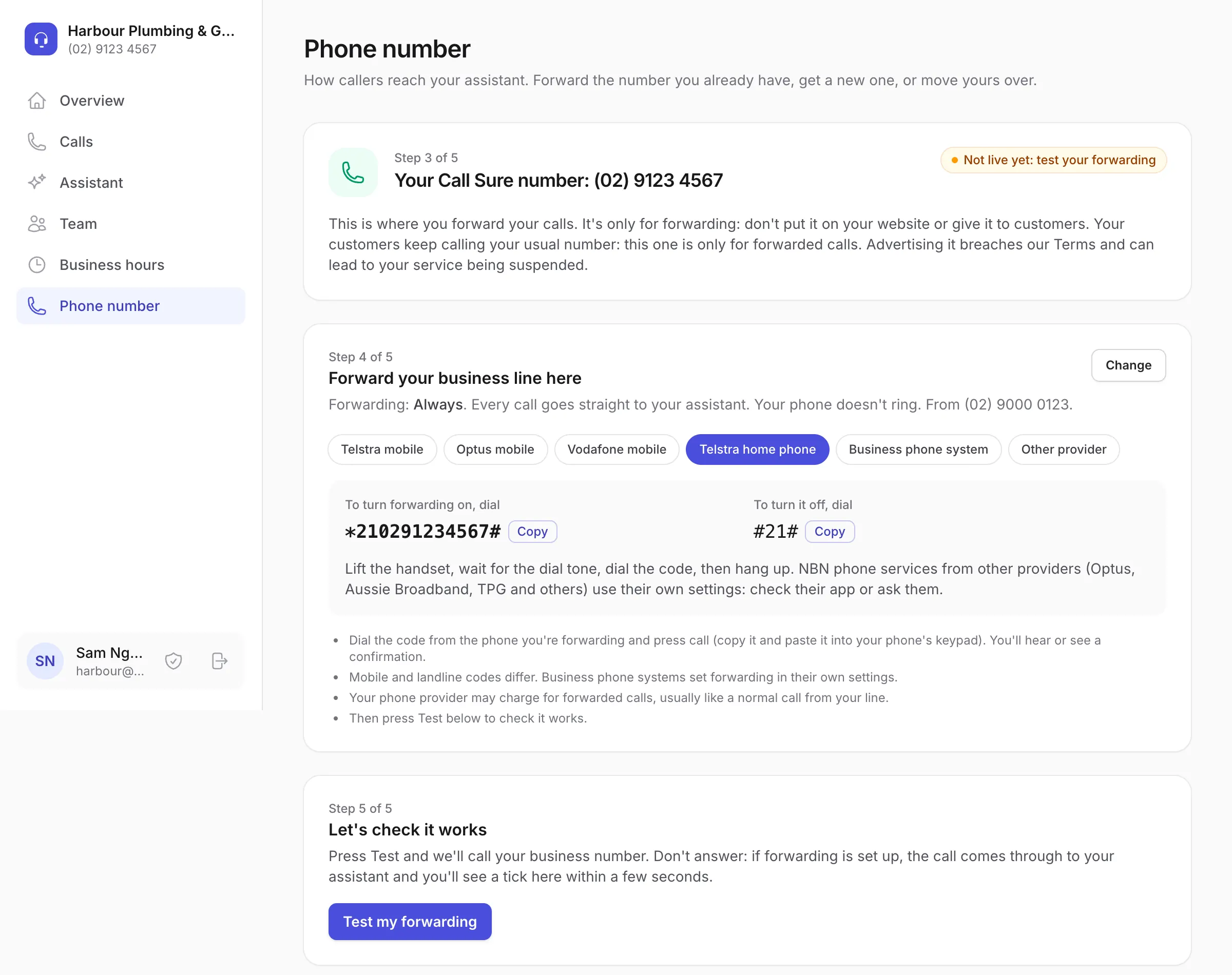 The forwarding steps: your Call Sure number, which is only for forwarding, and the code to dial on your phone to forward your business line to it, with the code to turn it off again, then the button to test it.