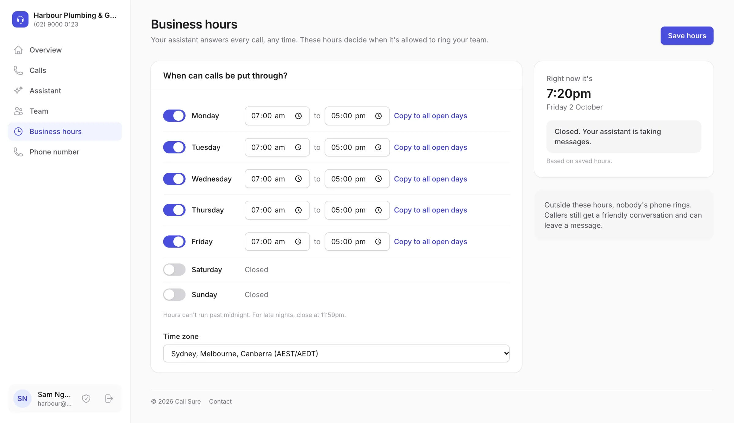 The Business hours page: Monday to Friday 7am to 5pm, closed on weekends, in Sydney time.