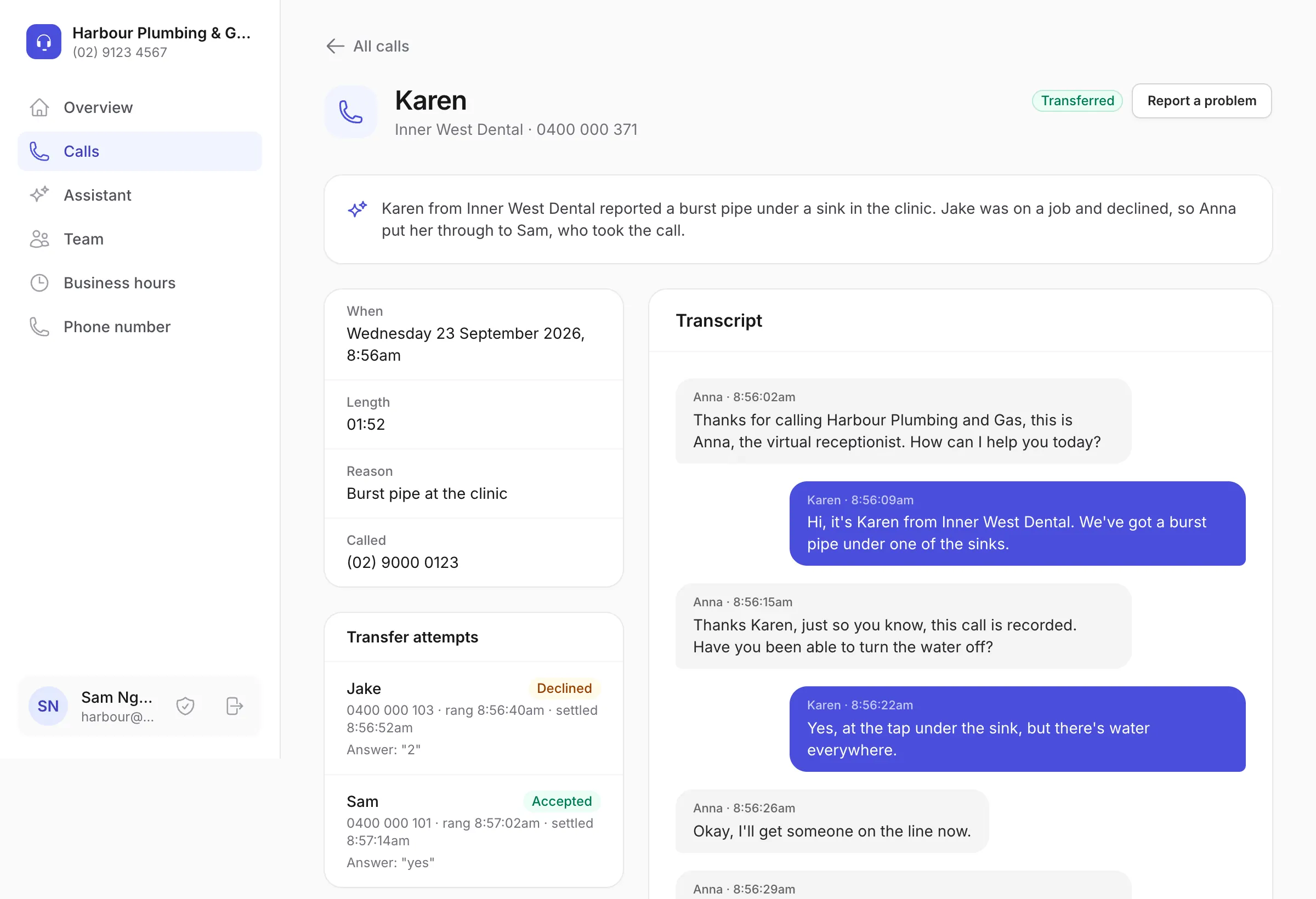 A call's page: Karen from a dental clinic reported a burst pipe. The transfer attempts show Jake declined by pressing 2, then Sam said yes and took the call, next to the transcript.